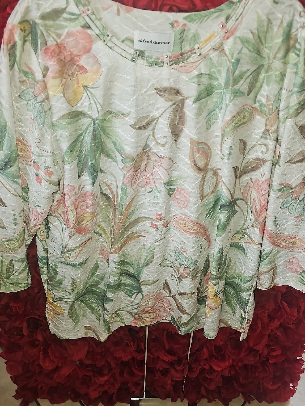 Alfred Dunner Pastel Floral Scoop Neck Blouse in Green, Pink and Yellow Size XL